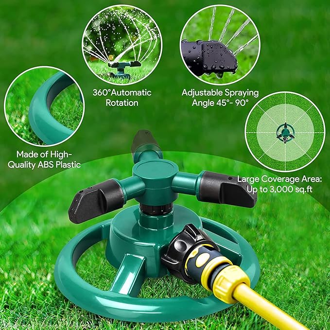 Automatic 360° Lawn Sprinkler 3 Arm 4 Nozzle Pipe HoseWater Sprayer - CL-NE-5533