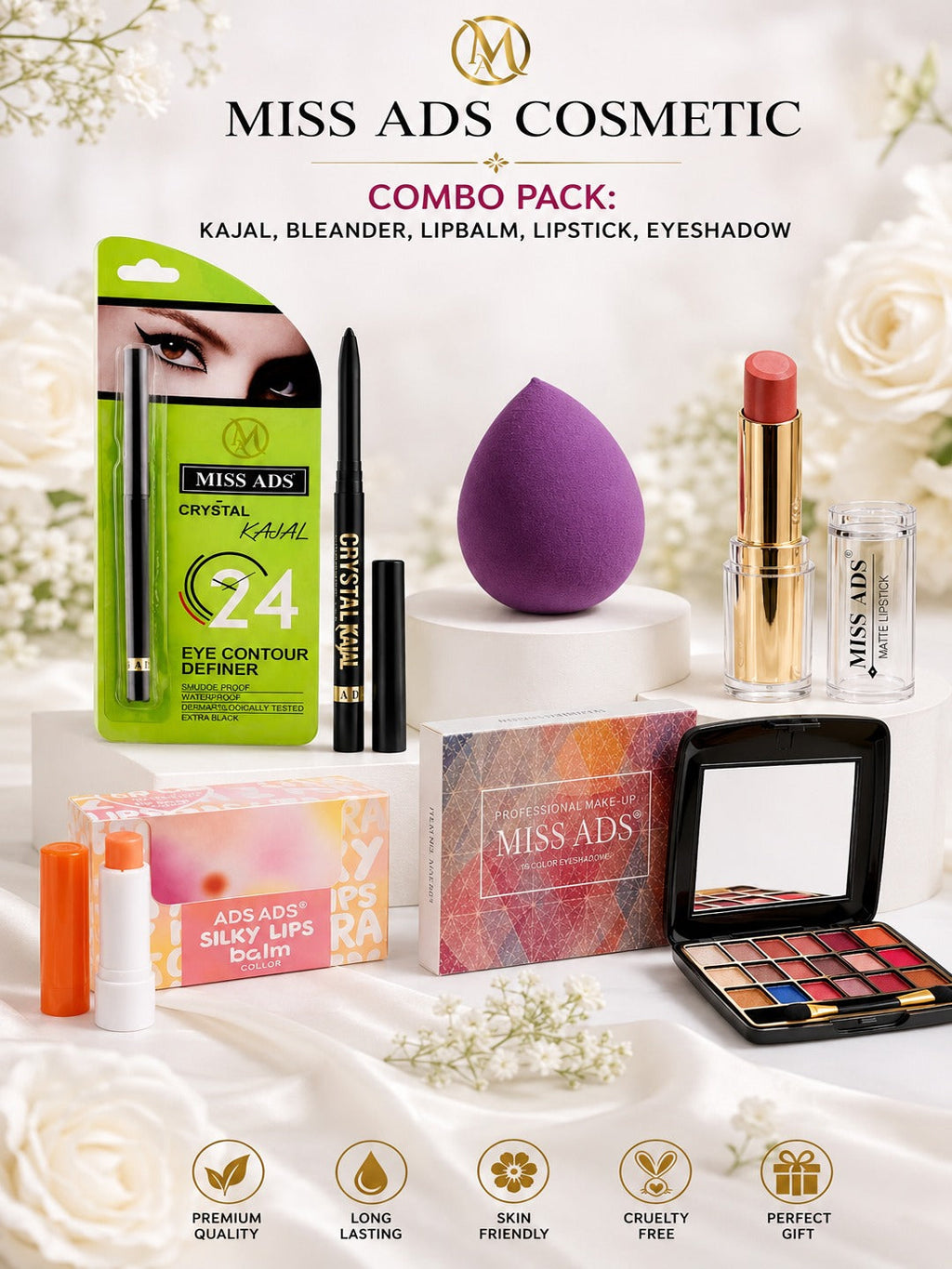 COMBO PACK OF KAJAL, BLENDER , LIPBALM, LIPSTICK EYE SHADOW