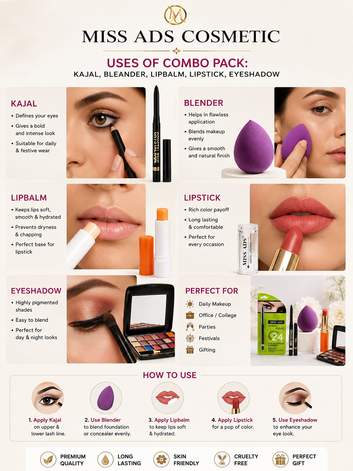 COMBO PACK OF KAJAL, BLENDER , LIPBALM, LIPSTICK EYE SHADOW