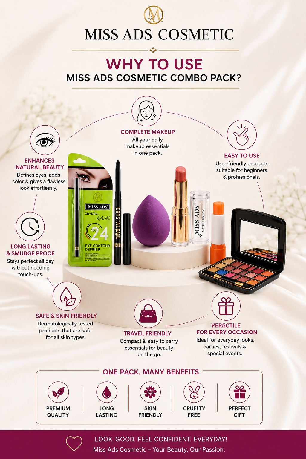 COMBO PACK OF KAJAL, BLENDER , LIPBALM, LIPSTICK EYE SHADOW