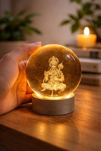 Lord Hanuman 3D Laser- Engraved Crystal Ball LED Night Light with Wooden Base