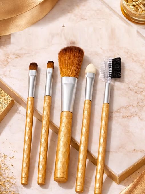 5 Makeup Brush Set, Glitter Handle, Soft Dense Bristles, Dual-Ended Brush and Comb, for Face, Eyes and Brows