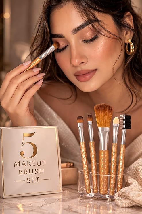 5 Makeup Brush Set, Glitter Handle, Soft Dense Bristles, Dual-Ended Brush and Comb, for Face, Eyes and Brows