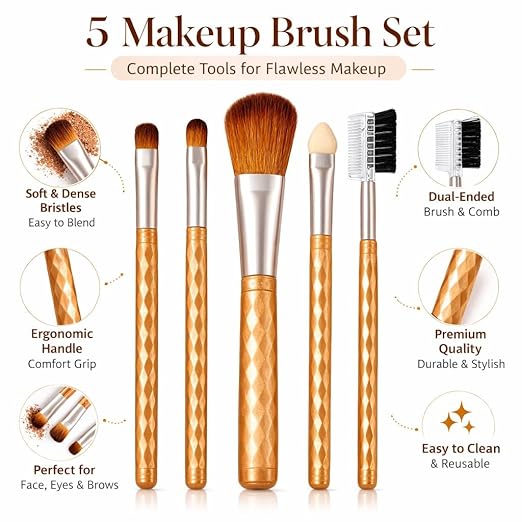5 Makeup Brush Set, Glitter Handle, Soft Dense Bristles, Dual-Ended Brush and Comb, for Face, Eyes and Brows
