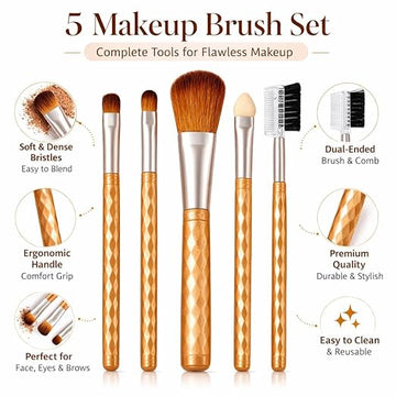 5 Makeup Brush Set, Glitter Handle, Soft Dense Bristles, Dual-Ended Brush and Comb, for Face, Eyes and Brows